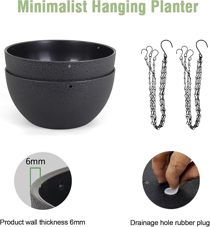 10 inch Hanging Planters for Indoor Outdoor Plants, 2 Pack Hanging Flower Pots with Drainage Holes and Chain for Garden Porch, Round Plastic Hanging Baskets for House Plants, Black