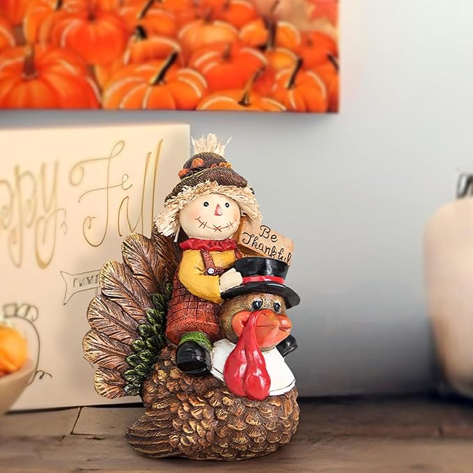Thanksgiving Turkey Statue and Fall Scarecrow for Home Deocr, Turkey and Scarecrow Figurines Indoor Decorations Thanksgiving Autumn Harvest Gift Table Centerpieces