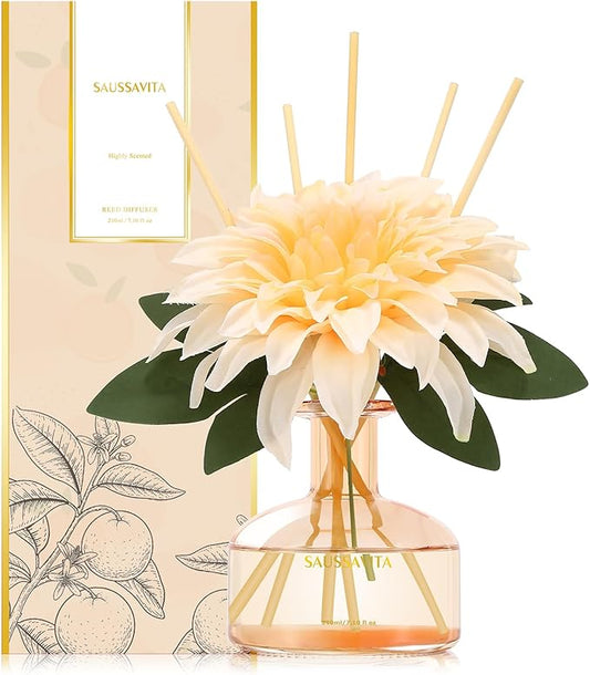 Reed Diffuser Set for Home, 7.1 fl oz / 210 ml - Tangerine Scent Diffuser with Sticks Home Fragrance Flower Reed Diffuser with Plastic Flowers for Bathroom Shelf Décor