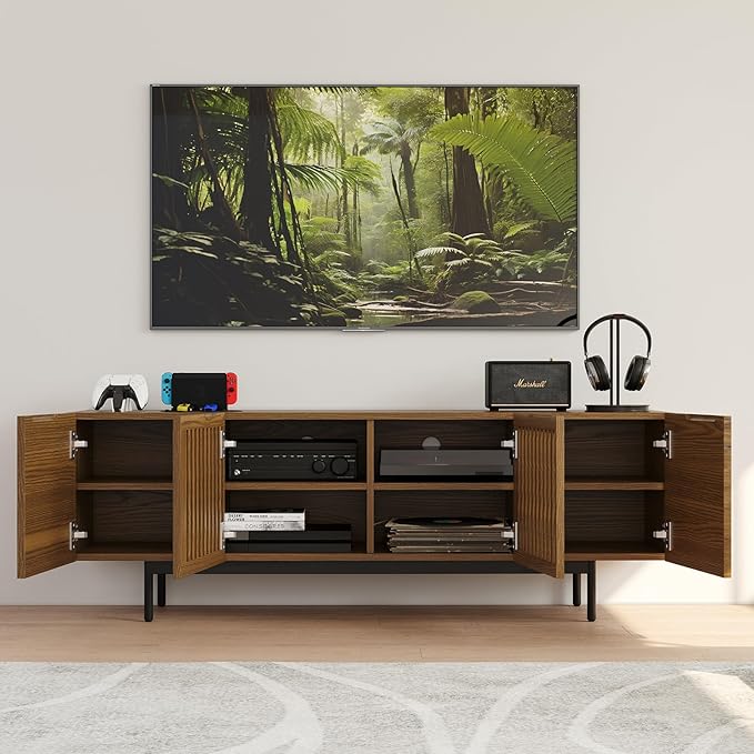 POVISON Full Assembled Mid-Century Modern TV Stand with Slatted Doors, Wood Media Console for 65 Inch TV, TV Console with Tall-cast Metal Legs, Entertainment Center with Storage for Living Room