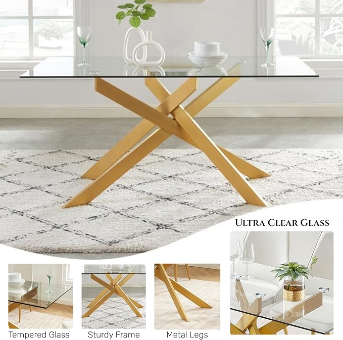 Edwin's Choice 58.5” Rectangle Glass Dining Table, Tempered Glass Table Top and Metal Tubular Legs, Modern Style Table for Home, Kitchen, Dining Room 58.5”Lx29”Wx30”H, Gold