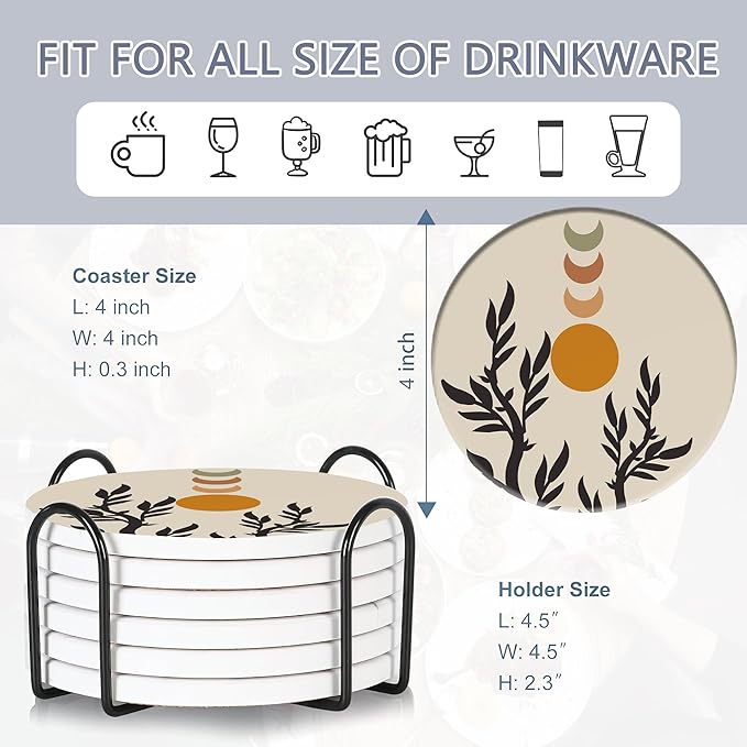 Drink Coasters Set of 6 with Holder, Abstract Boho Sun Leaves Absorbent Ceramic Coasters with Cork Base,Fit All Cups,Great Gift for Housewarming,Room Decor,Bar,Holiday Party