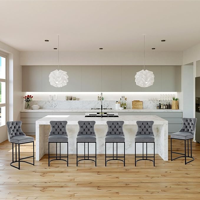 UVV Counter Height Bar Stools Set of 4, 26" Modern Barstools with Back, Velvet Upholstery Counter Chairs with Metal Legs for Kitchen Island, Bar, Counter, Gray