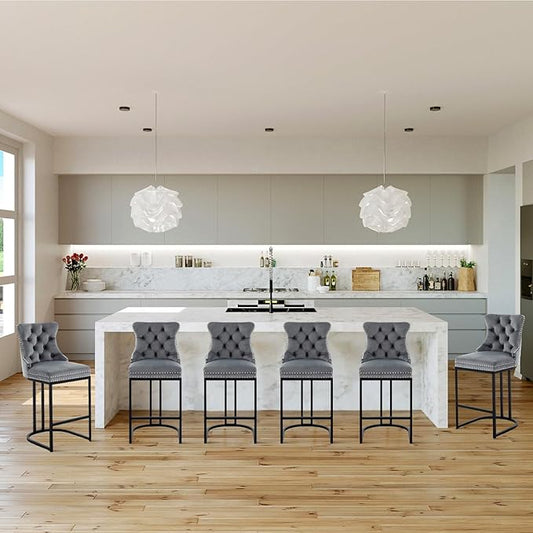 UVV Counter Height Bar Stools Set of 6, 26" Modern Barstools with Back, Velvet Upholstery Counter Chairs with Metal Legs for Kitchen Island, Bar, Counter, Gray