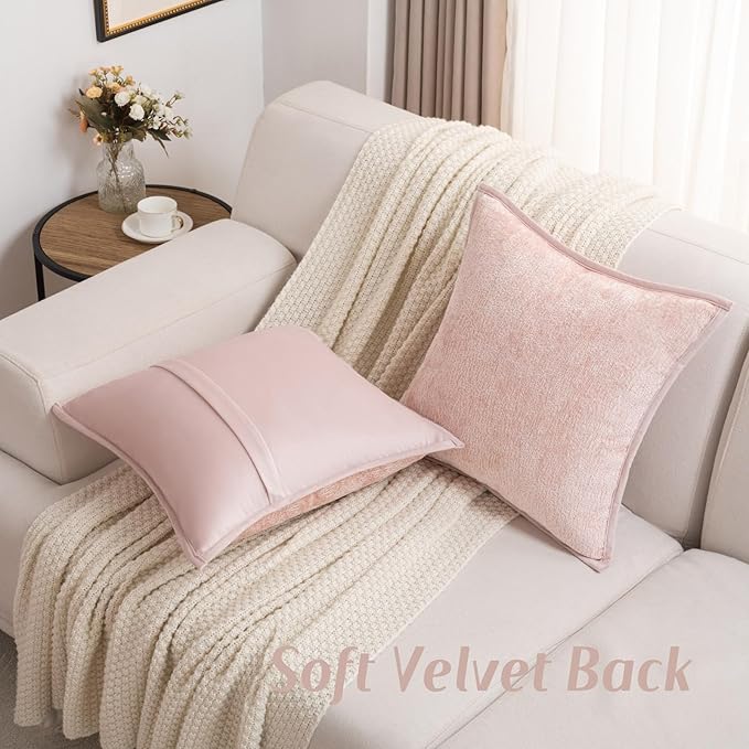 FUTEI Pink Chenille Throw Pillow Covers 16x16 Inch Set of 2,Soft Cozy Bound Edge Design Cushion Case,Home Decor for Couch Bed Living Room