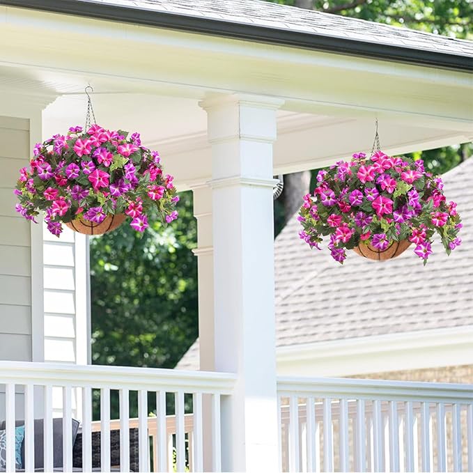 Artificial Fake Flowers Plants for Spring Summer Decoration,2 Pcs No Fade Faux Petunias,UV Resistant Realistic Silk Flowers,for Home Garden Balcony Yard Porch Deco (Fuchsia)