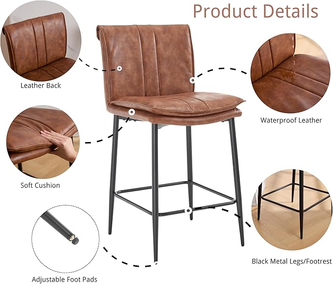 EALSON Leather Counter Height Bar Stools Set of 2 Modern 26 Inch Barstools with Back Upholstered Breakfast Counter Stools with Metal Legs Comfortable Bar Chairs for Kitchen Island, Brown