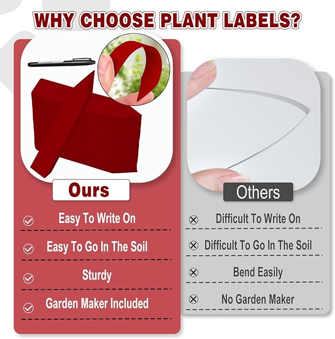 Plant Labels 200 Pcs Yuanling for Seeding Plastic Waterproof Plant Name Tags Garden Labels Marker Garden Pots Stakes for Outdoor Potted Plants Belt Permanent Marking Pen (Red)