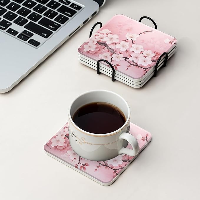 Ceramic Drinking Coasters Set of 4 Square Water Absorbent Blooming Pink Cherry Blossom Flowers Ceramic Coasters Tabletop Protection (Cork Base),Suitable for Various Mugs,Home Decor，4 Inch