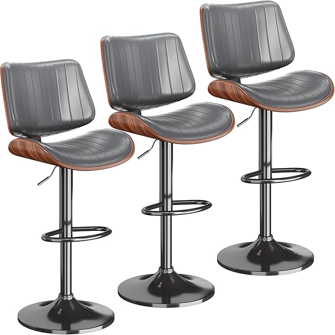 Swivel Bar Stools Set of 3, Adjustable Bentwood Barstools for Kitchen Counter, Modern PU Leather Upholstered Bar Chair with Back and Footrest, for Kitchen Island, Bar, Dining Room, Gray