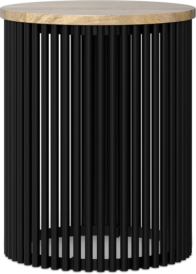 SIMPLIHOME Demy 20 inch Wide Tall Side Table in Natural Solid Mango Wood/Black Metal, Slim Round Accent Table for Living Room, Bedroom, or Entryway, Industrial Style Assembled