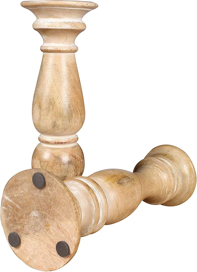 Candle Holder Set of 2 – White Wash Finish Wooden Pillar Stands – 12x4.5 inch, Decorative Candle Holders for Table Centerpiece, Wedding, Party, Home Décor, Spa, Farmhouse Gift