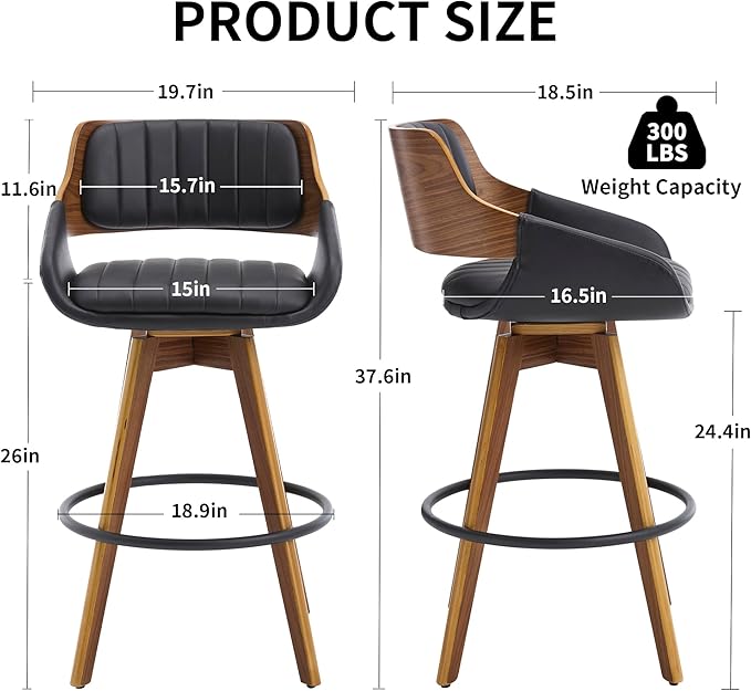 Swivel Bar Stools Set of 2, Walnut Counter Height Bar Stools with Back and Arms, 26" Modern Faux Leather Upholstered Bar Chairs for Kitchen Island Bar-Black