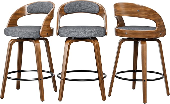 Swivel Bar Stools Set of 3, 26" Upholstered Linen Fabric Barstools with Bentwood Legs, Mid Century Modern Counter Height Bar Stools with Back for Kitchen Island, Dining Room, Grey