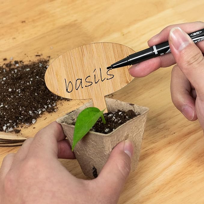 OBTANIM 75 Pack Bamboo Oval Plant Labels with A Marker Pen, Garden Markers Sign Plant Tags for Seedling Potted Herbs Flowers Vegetables