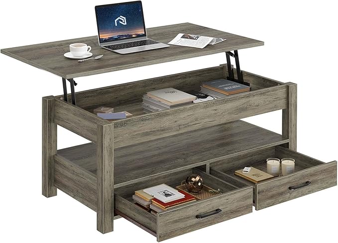 Rolanstar Coffee Table, 47.2" Lift Top Coffee Table with Drawers and Hidden Compartment, Retro Central Table with Wooden Lift Tabletop, for Living Room, Washed Oak