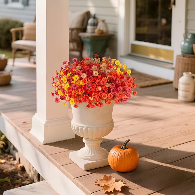 Fall Artificial Flowers for Decoration, 12 Bundles Fake Autumn Flower Plants Petunias, Faux Silk Morning Glory Eucalyptus for Planter Garden Porch Front Door Window Box, Orange Red Yellow