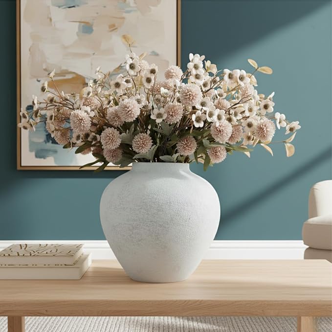 Beige Silk Flower Arrangements For Home Decor, Large Floral Centerpieces For Tables, Fake Mums + Eucalyptus + Wild Flowers in Bulk, Long Stem Artificial Flowers Coffee Dining Table, Faux Mums Flowers