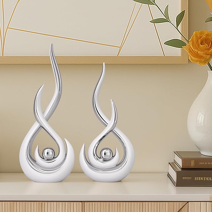 Modern Abstract Art Home Decor Accent,Contemporary Statues Coffee Table Decor for Living Room,Table Centerpieces for Dining Room,Ceramic Sculptures Knick Knacks for TV Stand Show Piece (White Silver)