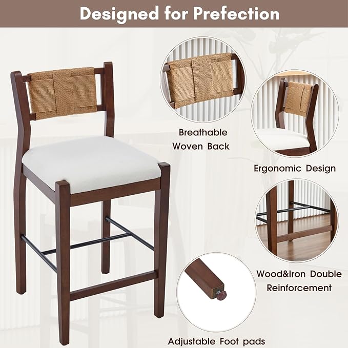 CIMOTA Rattan Counter Height Bar Stools Set of 2, 26" Boho Barstools with Woven Backs, Mid Century Walnut Wood Bar Stool Chairs Sherpa Upholstered Counter Stools for Kitchen Island/Counter/Bar,White