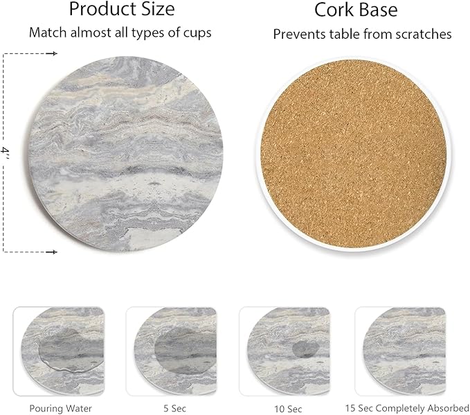 Set of 6 Light Gray Abstract Onyx Marble Coasters with Holder, Absorbent Ceramic Drink Coasters for Table Protection, Coffee Table Decor