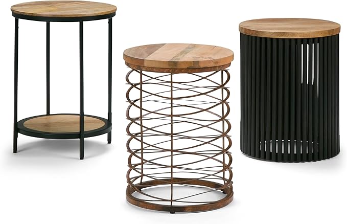 SIMPLIHOME Demy 18-inch Wide Metal and Solid Mango Accent Table in Natural/Black, Round Side Table with Mango Wood Top for Living Room or Bedroom, Industrial Style, Assembled