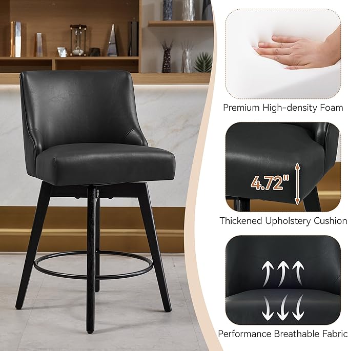 Vipbear Counter Height Bar Stools Set of 2, 26" H Swivel Bar Stools with Backs, PU Leather Upholstered Bar Chairs with Solid Wood Legs for Kitchen Island, Dining Room, Home Bar, Black