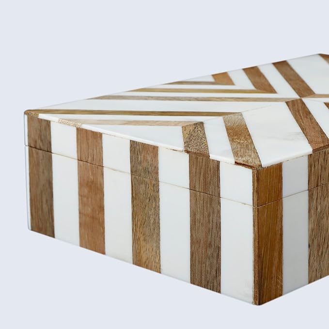 Handicrafts Home Marquet Chevron Decorative Box Shelf Decor, Dressing Table Organizer, Storage Box with Lid–Resin Inlay & Wood Organizer Box–Modern Decor, Keepsake, Jewelry Box for Women-10X6X2.5 inch
