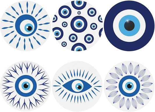 Greek Evil Eye Devil Eyes Coasters Set of 6 Coasters for Drinks Absorbent Double-Sided Leather PVC Coaster for Tabletop Protection Coffee Table Decor Ideal for Home Decor House Warming Gifts