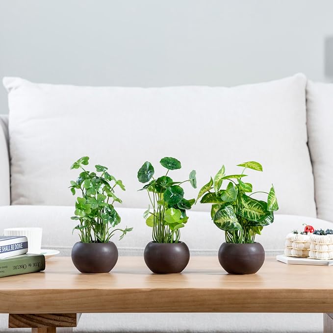 MyGift Modern Trio of Artificial Assorted Green Leaf Plants Potted in Decorative Round Brown Ceramic Pots, Faux Foliage Indoor Tabletop Houseplants, 3 Piece Set