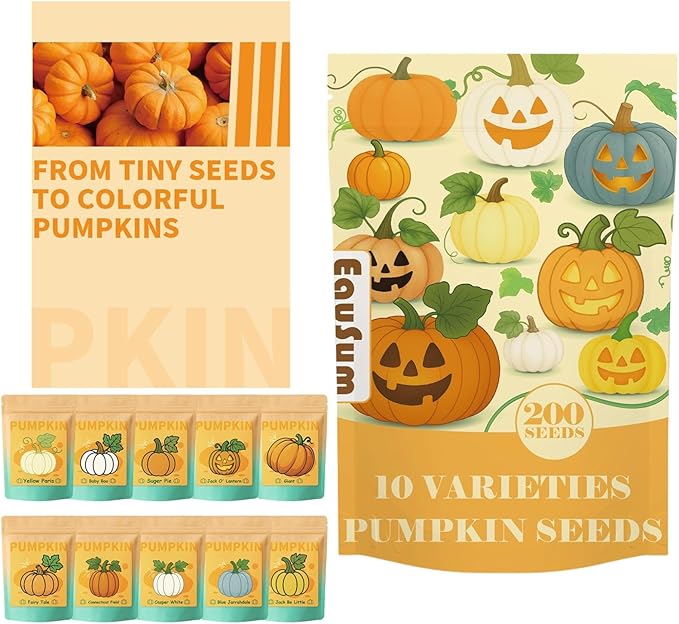 200+ Pumpkin Seeds for Planting - 10 Variety Jack Be Little, Jack O Lantern, Sugar Pie, Blue Jarrahdale, Baby Boo, Great for Halloween Pumpkin Seed for Indoor & Outdoor, Non GMO Seed Collection