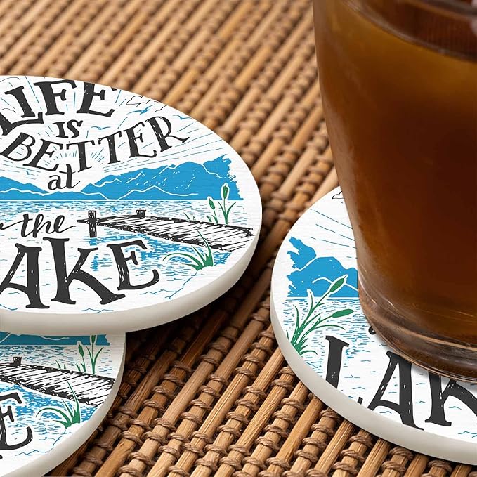 Life is Better at The Lake Drink Coaster for Tabletop Protection House Lakeside Sketch Rustic Living Cottage Holiday Non-Slip Cups Place Mats Home Decor Diatomite Material for Men Women
