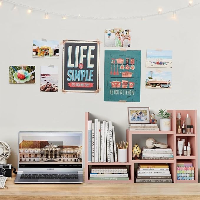 Desk Shelves Desktop Orgnizer Shlef - Pink Office Organization for Top of Desk Organizers and Accessories Corner Bookshelf Table Top Shelving Small Hutch Decorations for Office