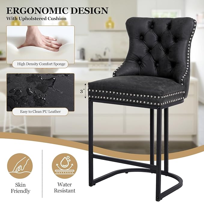 Counter Height Bar Stools Set of 6, 24" Modern Barstools with Back, Faux Leather Upholstery Counter Chairs with Metal Legs for Kitchen Island, Bar, Counter, Black