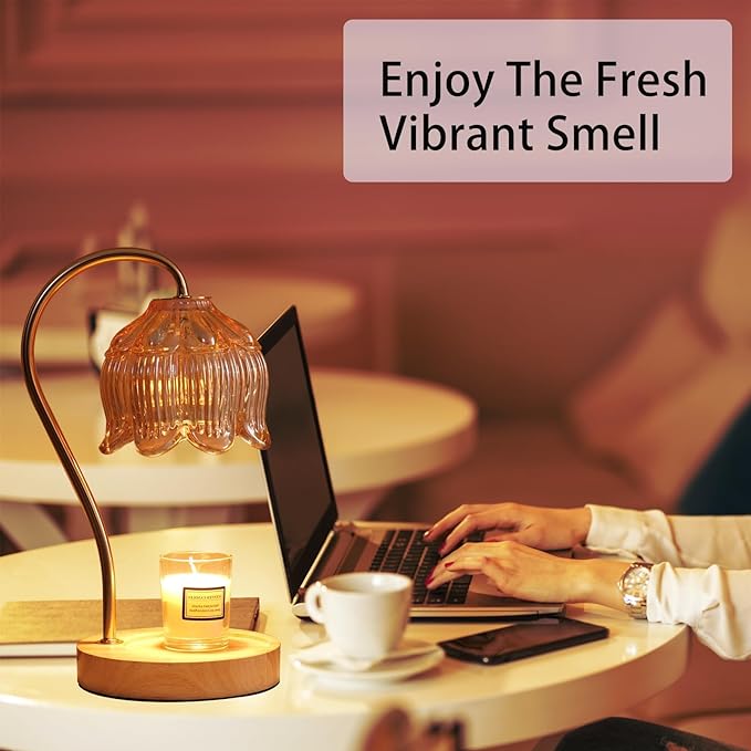 GEEZO Fragrance Candle Warmer Lamp with 2 Bulbs Electric Candle Warmer with Timer & Dimmer for Home Decor Wax Melt for Small Large Size Jar Candles Retro Wooden Base