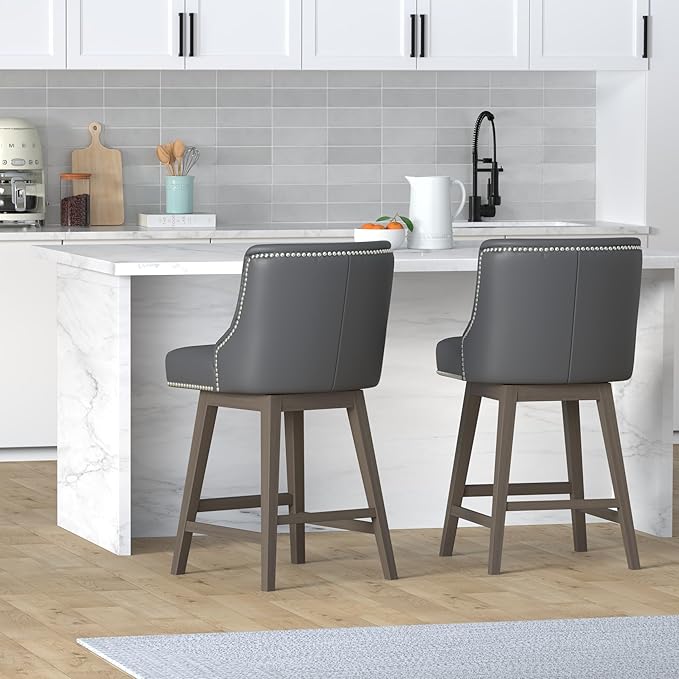 CHITA Counter Height Swivel Bar Stools Set of 2, FSC Certified Upholstered Counter Stools, Modern Swivel Barstools with Wood Legs for Kitchen Island, 26" Seat Height, Faux Leather in Black