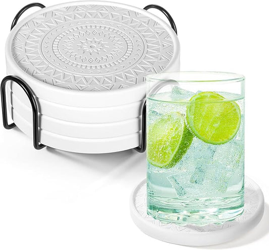 Photect Diatomaceous Earth Coasters Set with Holder Absorbent Stone Drink Coasters Instant Drying Tray for Tabletop Protection Home Decoration Housewarming Gift(White,4 Pcs)
