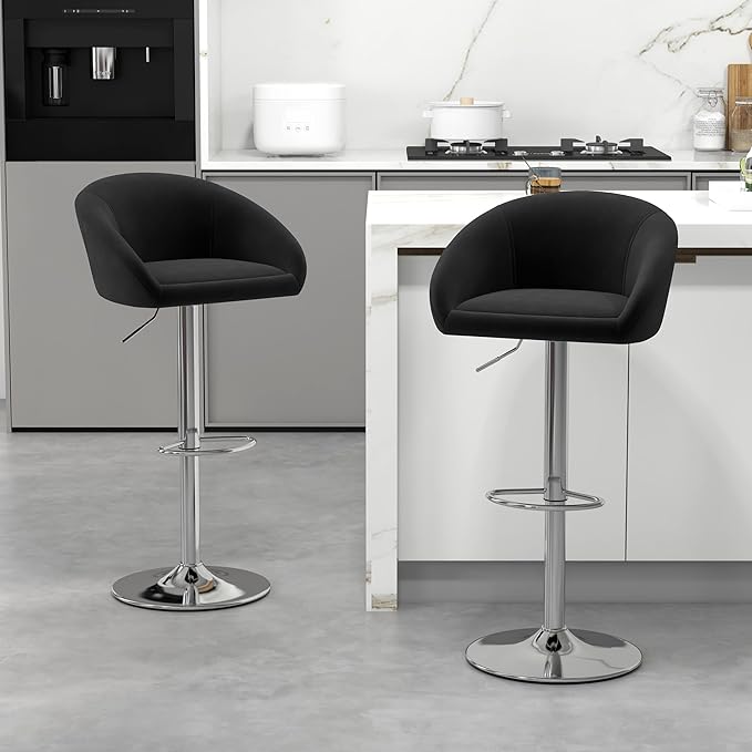 KCC Velvet Bar Stools Set of 6, Counter Height Bar Stools with Low Back, Swivel Barstool for Kitchen Island, Bar Pub (Black)