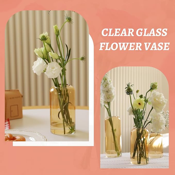 12Pcs Glass Bud Vases Set, Small Flower Vase for Centerpieces, Small Vases for Flowers, Decor Centerpiece for Bathroom, Decorative Vases for House Warming (Amber)