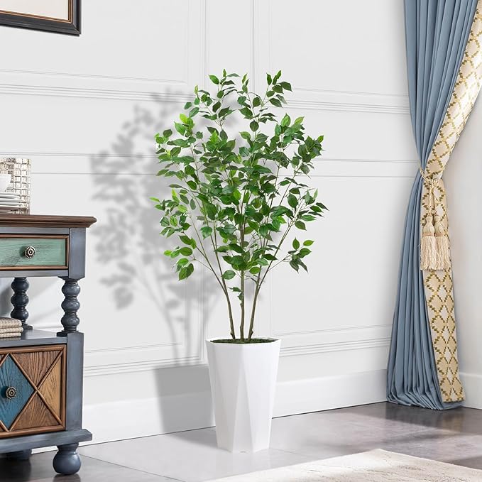 Artificial Ficus Plant Indoor 5FT Fake Tree with White Diamond Planter Faux Ficus Tall Fake Floor Plant in Pot Artificial Trees for Home Office Living Room Decor Indoor