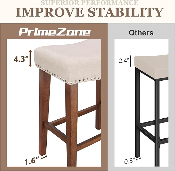 PrimeZone Counter Height Bar Stools Set of 4 - Backless Saddle Barstools with 4.3" Thick Upholstered, Nailhead Trim Linen Fabric & Solid Wood Legs, 26 Inch Counter Stools for Kitchen Island, Beige