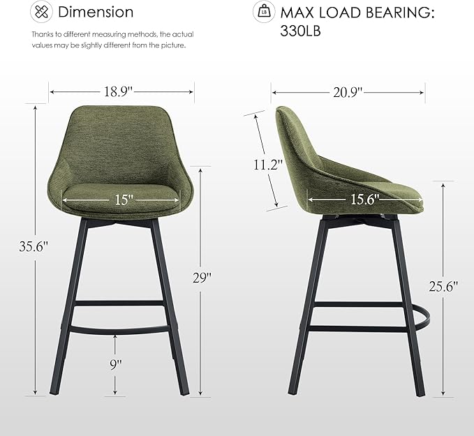 Zesthouse Swivel Bar Stools Set of 2, Modern Counter Height Barstools with Backs, 26'' Upholstered Linen Fabric High Chairs for Island Kitchen, Counter Height Chairs with Metal Legs, Green