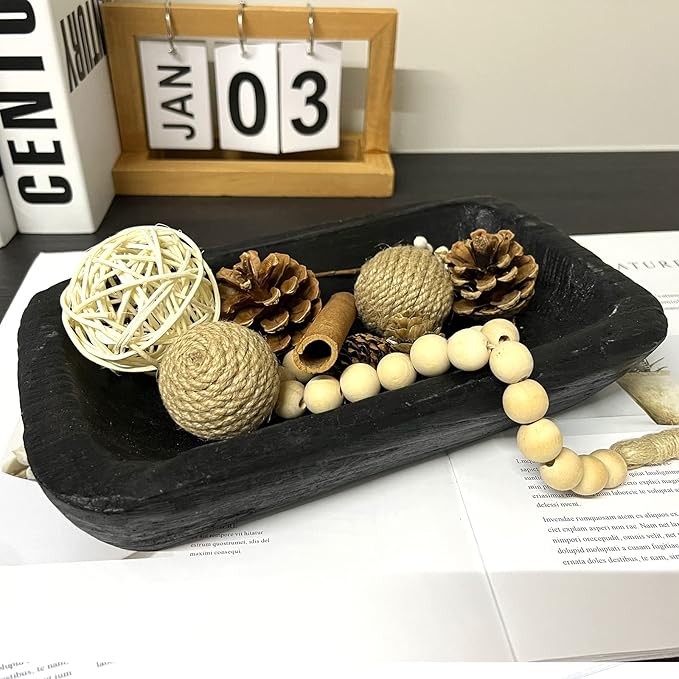 Wooden Dough Bowl Decor, Vintage Wooden Bowl Hand Carved Home Decor for Dining Table Center, Living Room, Kitchen Decor. (10inch black)