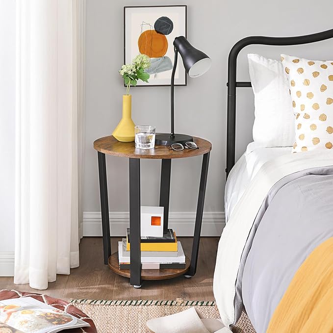 VASAGLE Round Side End Table, 2-Tier Accent Bedside Table with Storage Shelf, Easy Assembly, Nightstand for Small Spaces, Living Room, Bedroom, Rustic Brown and Ink Black ULET57X