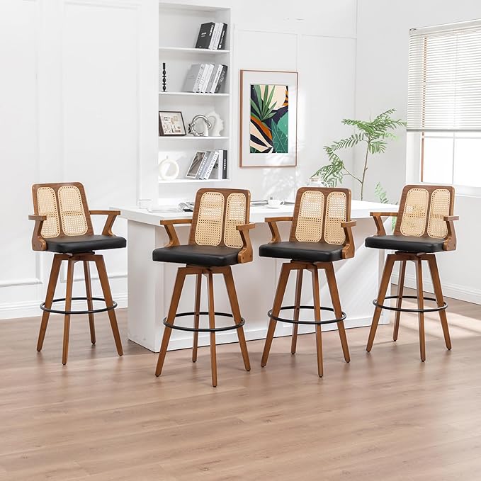 Set of 4 Rattan Bar Stools - 30 inch Swivel Mid Century BarStools with Cane Back, Walnut Craftsmanship, Upholstered Seat, Bar Height Stools for Bar/Pub/Island/Cafe (30" Seat Height, Black)