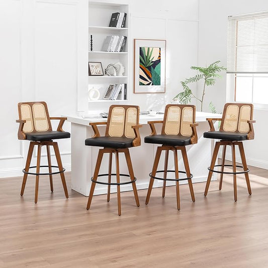 Set of 4 Rattan Bar Stools - 30 inch Swivel Mid Century BarStools with Cane Back, Walnut Craftsmanship, Upholstered Seat, Bar Height Stools for Bar/Pub/Island/Cafe (30" Seat Height, Black)