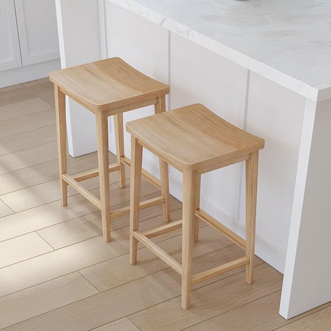 Plank+Beam Smythe Counter Stool, 24", Set of 4, Sturdy Wood Modern Kitchen Counter Height Stool, Saddle Seat Backless Counter Chair, Metal Footrest, Blonde
