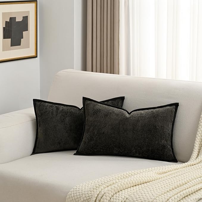 FUTEI Black Chenille Throw Pillow Covers 12x20 Inch Set of 2,Soft Cozy Bound Edge Design Lumbar Pillow Cases,Home Decor for Couch Bed Living Room