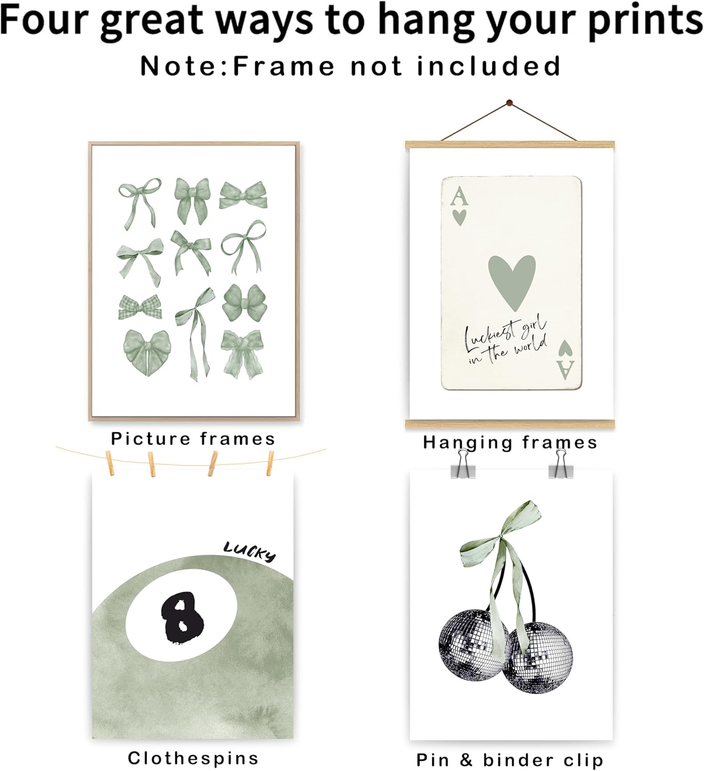 okaxscm Sage Green Coquette Trendy Preppy Wall Art Prints Set of 4, Coquette Preppy Room Decor Aesthetic, Green Bow Disco 8 Ball Cherry Wall Decor Posters for Girls Bedroom Dorm, 12x16 Unframed