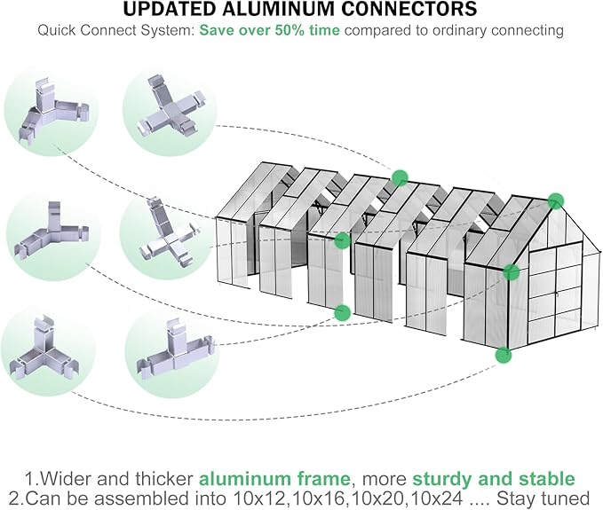 CDCASA 24x10x10 FT Greenhouse for Outdoors, Large Thicker Aluminum Heavy Duty Polycarbonate Greenhouses Kit w/5 Vent Windows, Swing Door, Walk-in Green House for Sunroom Patio,Backyard
